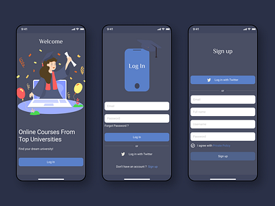 Online Courses app blue design illustration log in online online course sign up ui university ux