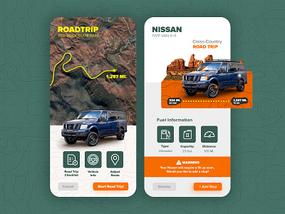 Roadtrip App UI app design green nissan orange roadtrip typography ui ui ux ui design ux design yellow