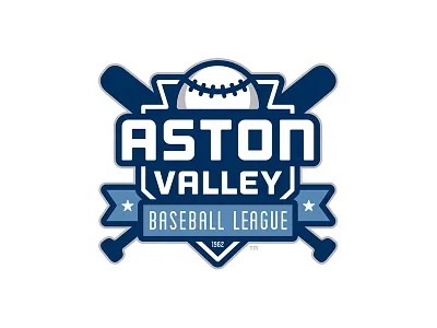 Aston Valley Baseball League Badge aston avbl badge banner baseball bat blue gray homeplate icon identity logo star stitches