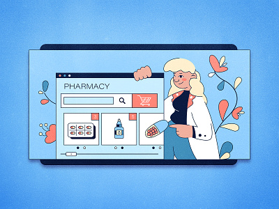 Blue Care 2d art design drugs e commerce graphic design health healthcare illustration medic medication nurse online online shopping pharmacy pills shopping store vector woman