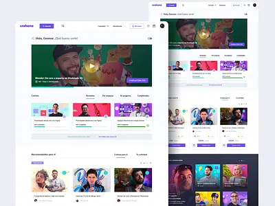 Education Platforms / Home User Crehana branding card class classroom course design system e learning education event illustration interface layout learning platform lesson movie teach video call virtual class web writing