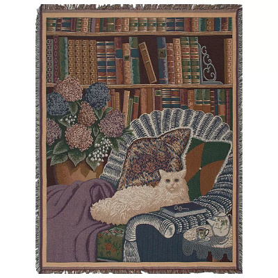 CAT IN THE LIBRARY AFGHAN THROW animation branding design tapestry tapestry cushion wall art