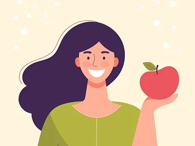 Smiling woman with apple adult apple diet face flat fruit girl happy health healthy joy lunch people smile snack woman