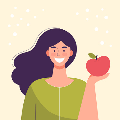 Smiling woman with apple adult apple diet face flat fruit girl happy health healthy joy lunch people smile snack woman