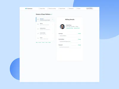 EstateAssist — Account account account settings accounts add user bank connection billing connection connections estate management input field invite user notifications saas settings settings page settings ui strategy user management user settings