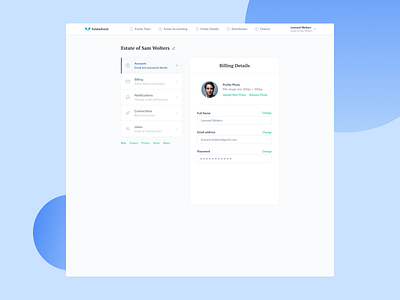 EstateAssist — Account account account settings accounts add user bank connection billing connection connections estate management input field invite user notifications saas settings settings page settings ui strategy user management user settings