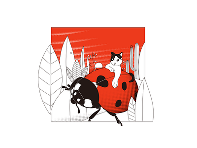 Cat & Ladybug bug cat cute illustration ladybug plant red sunset two tone