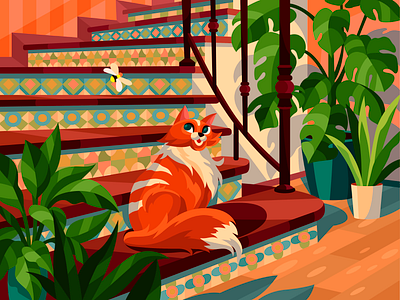 Cat on stairs bee beresnevgames cat cat illustration coloringbook decorative illustration evening gallerythegame gameillustration illustration indoor plants interior red room stairs vector vector artwork vectorillustration