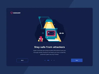 Hoxhunt - Onboarding screen dark ui design flat illustration onboarding onboarding illustration onboarding screen onboarding ui phishing robot ui ux vector webdesign