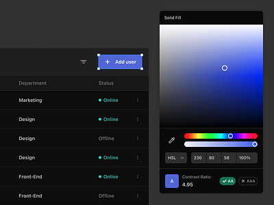 Color Picker with Contrast Ratio - Dark Mode admin admin panel color picker component contrast ratio dashboard data input inputs interface list view product design saas switcher table table view