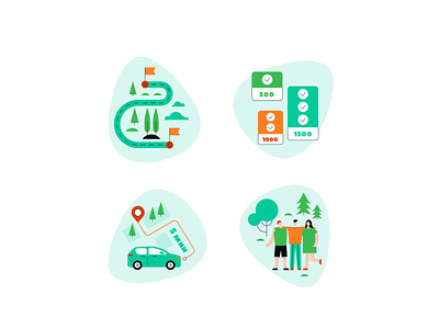 Travel illustrations for an app branding bright color design figma graphic design green illustration illustrator road road trip travel trip ui vector