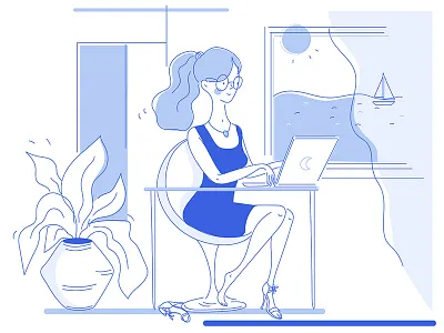 girl working on laptop blue flat girl hotel laptop line natimade offfice people sea web image