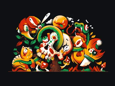 Like if Tarantino wrote fairy tales animal bird cat character characterdesign color composition eye flat illustration knife modern noise rooster scary skull snake sun tree vintage