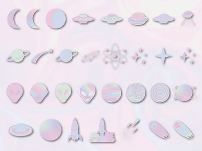 Iridescent Galaxy Aesthetic aesthetic alien branding galaxy graphic set graphics holographic icons illustration iridescent logos packaging pastel planets rocket solar system space vector