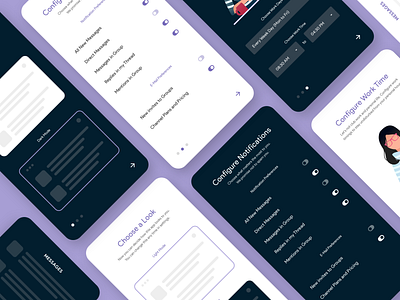 App - On Boarding Screens appdesign character design chat darkmode illustration landing mobileapp onboarding onboarding screen onboarding screens onboarding ui