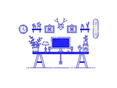 Workspace design desktop digital halftone icon design illustration illustrator interior linear icons lineart plants retro vector workplace workspace