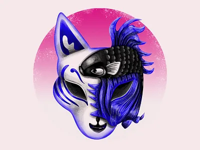 Kitsune and koi fish mask black blue digitalart folklore fox illustration japanese kitsune koifish mask noise sushi restaurant