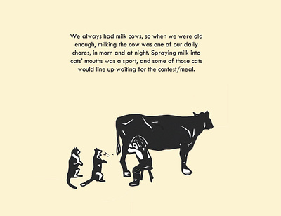 Papercut Milking Cows illustration for Cookbook Memoir cats cookbook cows educational illustration farm food illustration homestead homestead life illustration kids book kittens memoir milk milking cow montana paper art papercraft papercut portlandillustrator ranch life