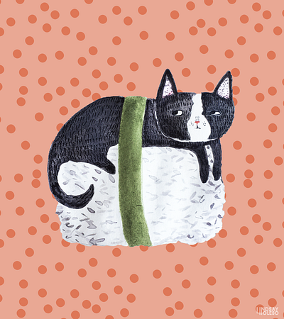 Sushi Cat! black cat cute digital food green hand drawn illustration illustrator kids kitty mixed media orange polka dot rice sushi texture trend watercolor white