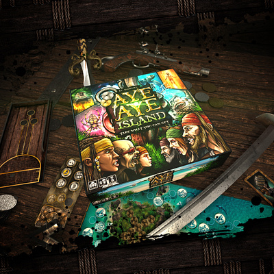 Pack Shot Aye Aye Island animation board game design games illustration kickstarter pirates tabletop