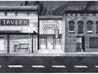 Gravity Falls Environment Study architecture buildings copic marker environment environment art gravity falls grayscale illustration traditional art values vis dev visual development