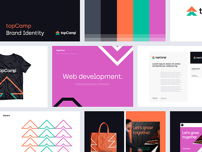 topCamp - Brand Guidelines arrows bootcamp brand book brand guidelines brand identity brand manual branding case study clean coding colors design system fullstack it layout design minimal programming style guide ui visual identity