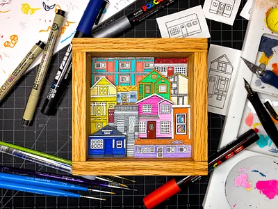 Houses of Portland: Illustration on Wood Shadowbox architecture carving gallery art illustration marker micron multimedia paint pen and ink posca wood woodcut