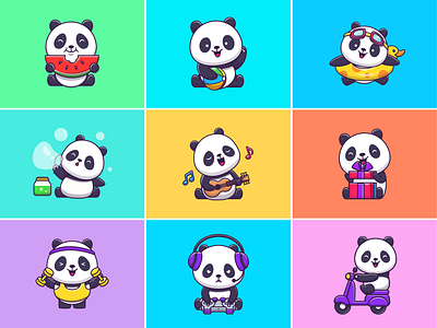 baby panda 🐼🍉🎮🎸 animal baby bear character cute eat fitness fruit game guitar gym icon illustration logo mascot panda pet summer vacation watermelon