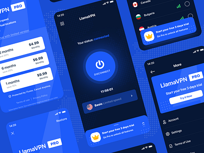 LlamaVPN iOS App app dark ui design figma flat ios iphone x llama subscription ui ux vpn