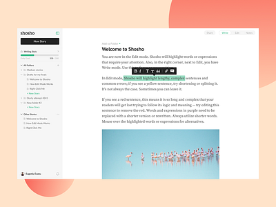 Shosho — Write Mode copy copywriter copywriting edit editing app editor folder sidebar medium medium article saas sidebar text text editor toolbar writing writing app wysiwyg