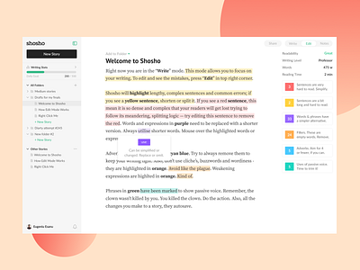 Shosho — Edit Mode card highlight cards dashboard edit mode editing app editor medium medium article saas strategy text editing text ui ui writing writing app writing ui wysiwyg