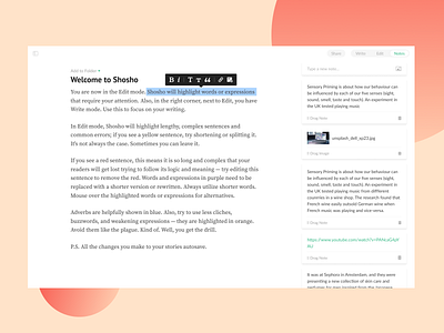 Shosho — Story Notes card note drag and drop editing app editing tool editor medium medium article note notes saas side note sidebar sidebar menu sidebar navigation text editor toolbar ui writing app wysiwyg