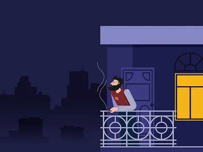 Man smokes on the balcony city flat illustration man night smokes vector