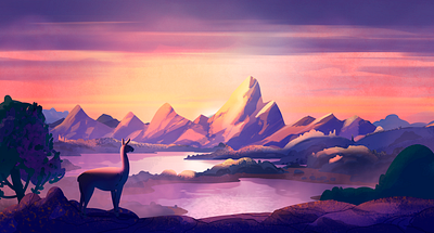 Lama 2d animal art cartoon flat design illustration lama mountains nature pallete patagonia river sunset