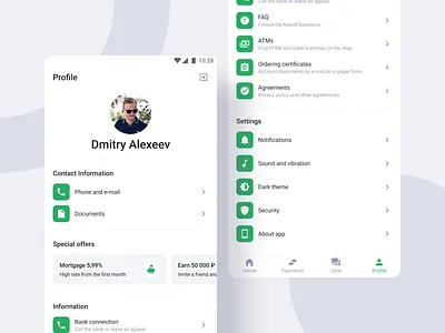 Bank app profile android app bank connection documents exit faq information light list minimalism mobile profile settings special offer white