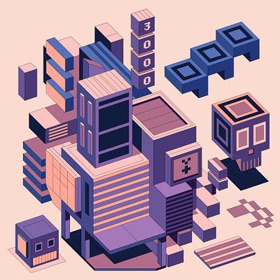 Build 3000 architecture design icon illustration isometric nft pink purple vector