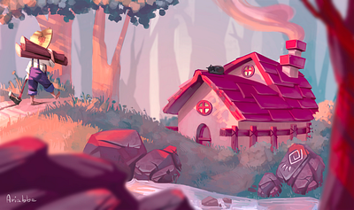 Sunset art character design concept art draw drawing forest hut illustration sketch sunset