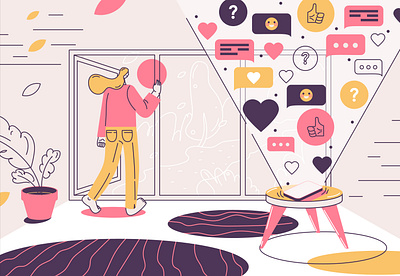 Quit obsessing character color concept design flat illustration interior people pink vector