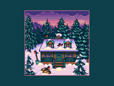 Winter Сabin 16bit 8bit background birds cabin chalet enviroment forest game art game design gaming illustration nature pixel art pixel winter pixelart snow sunset vacation winter