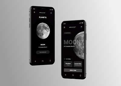 Space X - Resorts Booking App 3d black blackandwhite booking app cosmos framer grayscale grey mars moon nasa planet planets resort rocket space space x spacex travel app white