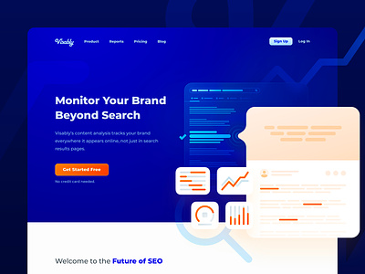 Visably Marketing Site - Home article bar chart brand conversion gradient hero highlight illustration landing page line graph marketing marketing site monitor saas search engine search results seo vibrant web design