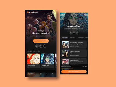 Crunchyroll Redesign Concept anime aplication app crunchyroll darkmode graphic design mobile orange ui videoapp
