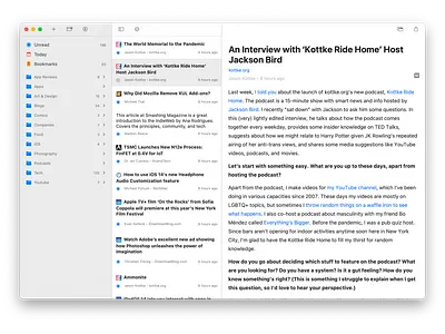 Elytra on Big Sur app article big sur design feed light macos native reader rss sf symbols sidebar toolbar