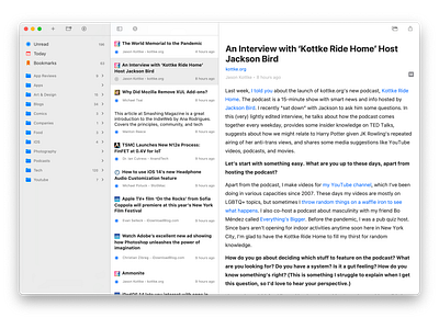 Elytra on Big Sur app article big sur design feed light macos native reader rss sf symbols sidebar toolbar