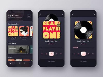 Audio Book App app audio audiobook book card dark gradient listening minimal music player read reading ui