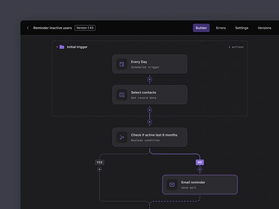 Workflow automation SaaS Dark Mode actions app automation boolean branch builder component dark dark mode dashboard flowchart low code management product rule saas trigger workflow