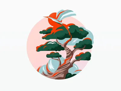 Bonzei - Key Visual app bird blue bonzai green illustration illustrator key visual meditate meditation app mindfulness mobile mobile app nature organic pink relax tree