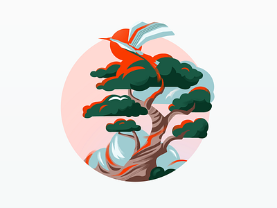 Bonzei - Key Visual app bird blue bonzai green illustration illustrator key visual meditate meditation app mindfulness mobile mobile app nature organic pink relax tree