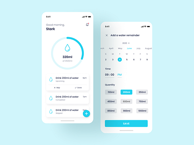 Water Tracker App Design behance daily design dailyui design designer interaction design minimal mobile stark trent ui ui inspiration uiux uiuxdesign user experience user interface user interface design water tracker app