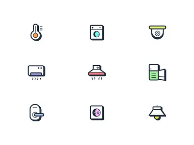 iOT Smart Device Icons 🏠 aircondition cam devices doornob dribbblers icondesign iconography iconpack icons iconset lightbulb plug refrigerator smartdeviceicons thermometer ui washingmachine